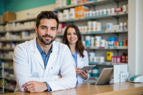 Professional Pharmacists in Modern Pharmacy Setting, Ideal for Healthcare Advertising and Medical Education Materials