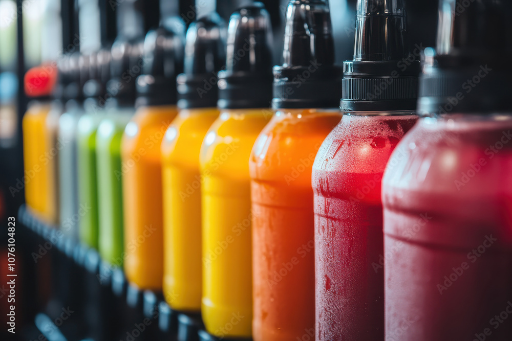 Row of colorful bottles with refreshing drinks Row of colorful bottles with refreshing drinks