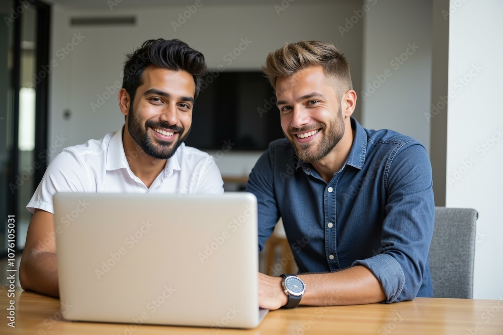 Two Happy Businessmen Collaborating on Laptop in Modern Office Setting, Ideal for Teamwork and Productivity Concepts Two Happy Businessmen Collaborating on Laptop in Modern Office Setting, Ideal for Teamwork and Productivity Concepts