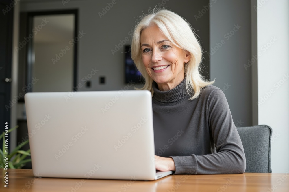 Smiling Senior Woman Using Laptop at Home Office - Perfect for Aging, Technology, and Happiness Concepts Smiling Senior Woman Using Laptop at Home Office - Perfect for Aging, Technology, and Happiness Concepts