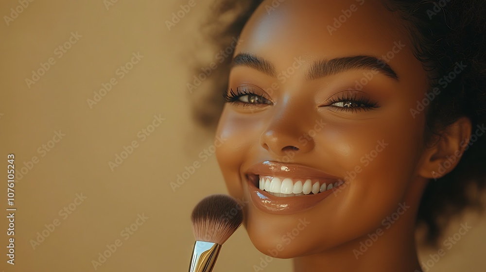A young woman with a radiant smile as she finishes applying blush, a blush brush held delicately in her hand, smooth and flawless skin under soft studio lights, neutral beige background, sharp focus, A young woman with a radiant smile as she finishes applying blush, a blush brush held delicately in her hand, smooth and flawless skin under soft studio lights, neutral beige background, sharp focus,