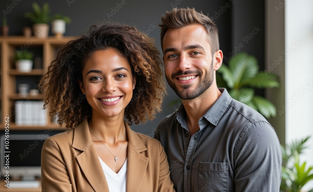 Happy Couple Smiling Together in Modern Home Office Setting, Perfect for Business or Personal Projects Happy Couple Smiling Together in Modern Home Office Setting, Perfect for Business or Personal Projects