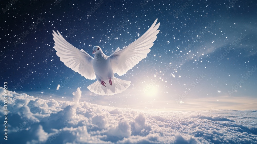 Obraz premium A peaceful scene with a dove flying across a bright, starry sky, symbolizing goodwill and peace on Earth, set against a tranquil snowy landscape.