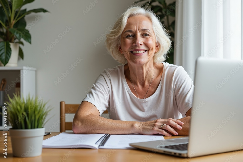 Happy Senior Woman Using Laptop at Home Office, Smiling and Engaged in Online Activity, Ideal for Aging and Technology Concepts Happy Senior Woman Using Laptop at Home Office, Smiling and Engaged in Online Activity, Ideal for Aging and Technology Concepts