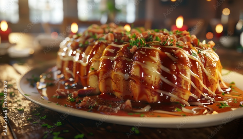 A delicious, glazed and topped with bacon and greens, baked loaf sits on a white plate with a wooden background.