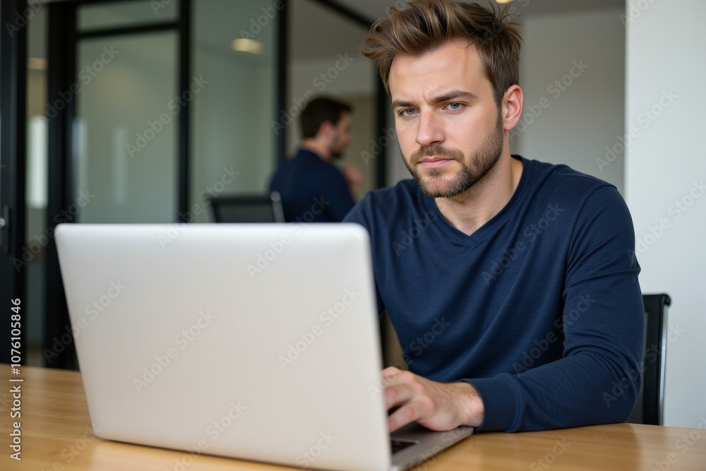 Focused Young Man Working on Laptop in Modern Office Setting, Ideal for Business and Technology Websites Focused Young Man Working on Laptop in Modern Office Setting, Ideal for Business and Technology Websites