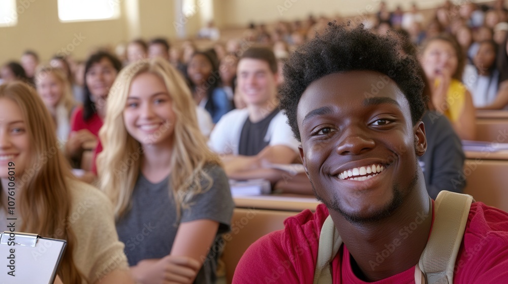 A Diverse Group of College Students Engaging in a Lecture Hall During a Sunny Afternoon, Showcasing an Atmosphere of Camaraderie and Shared Learning A Diverse Group of College Students Engaging in a Lecture Hall During a Sunny Afternoon, Showcasing an Atmosphere of Camaraderie and Shared Learning