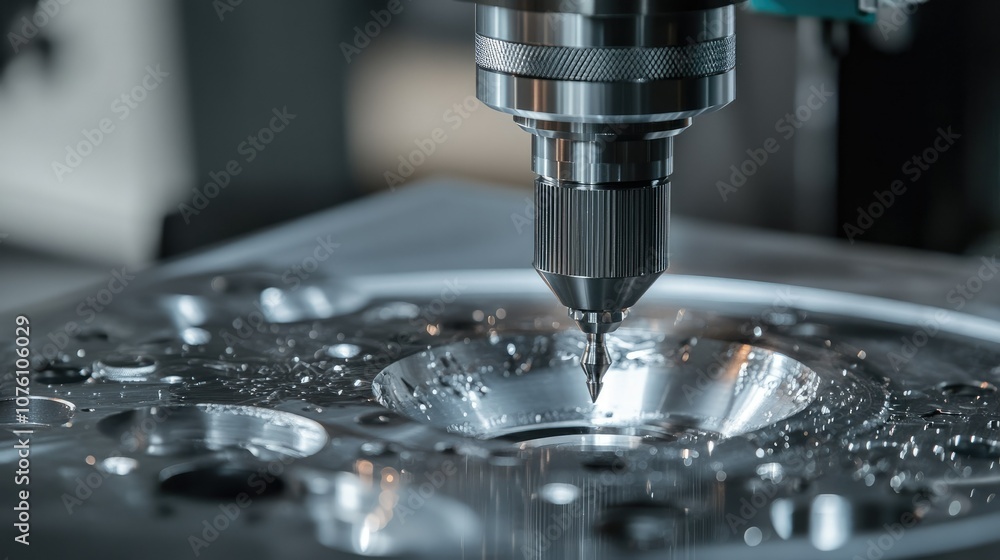 Precision Milling Tool in Action on Metallic Surface Precision Milling Tool in Action on Metallic Surface