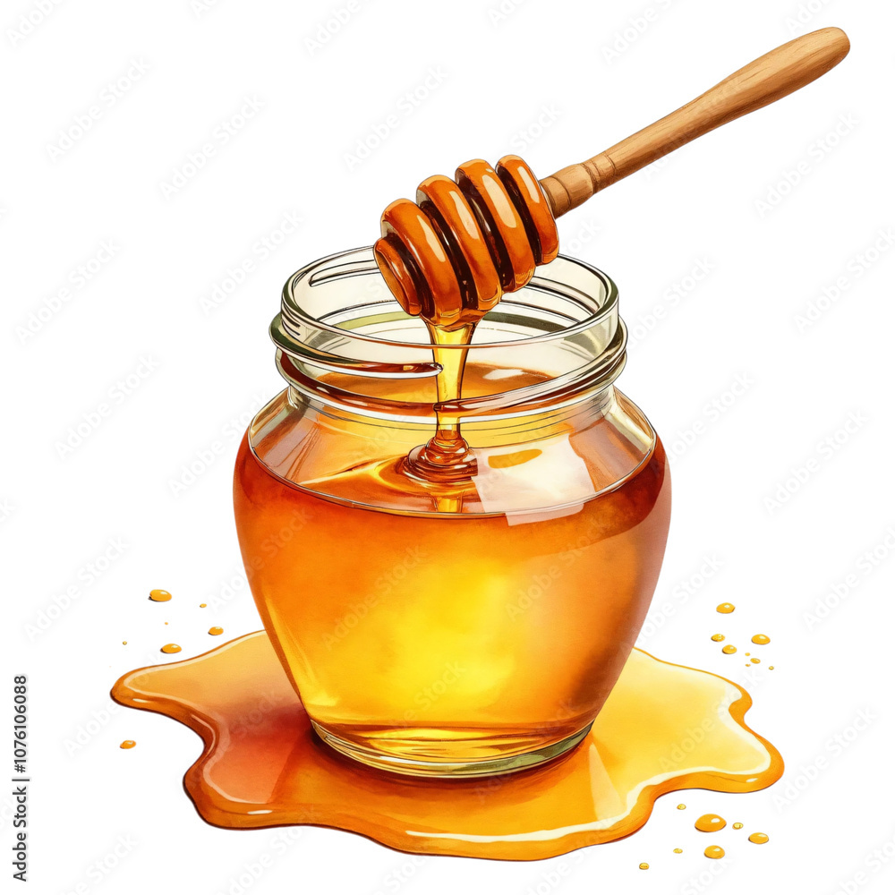 Watercolor illustration of honey in a jar with wooden dipper stick on a transparent background, PNG file. PNG element. Suitable for artwork design. Watercolor illustration of honey in a jar with wooden dipper stick on a transparent background, PNG file. PNG element. Suitable for artwork design.
