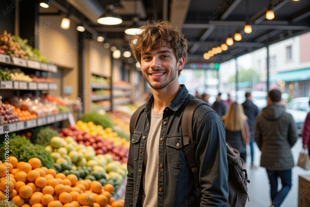Young Man Smiling in a Fresh Produce Market, Perfect for Advertising Healthy Lifestyles and Grocery Shopping Young Man Smiling in a Fresh Produce Market, Perfect for Advertising Healthy Lifestyles and Grocery Shopping