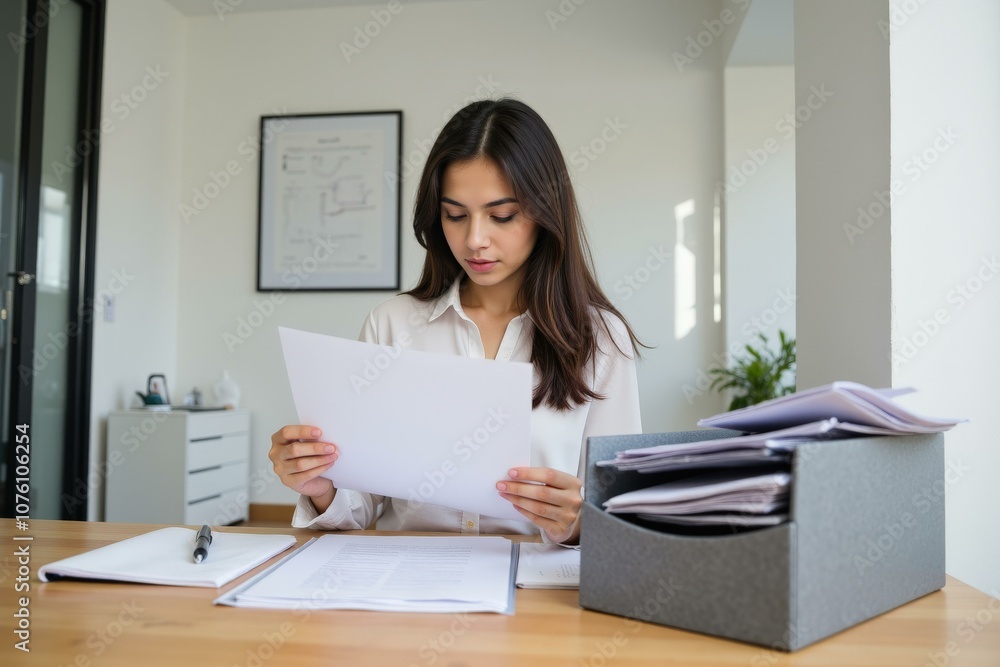 Focused Woman Reviewing Documents in Organized Office Space, Ideal for Business and Productivity Concepts Focused Woman Reviewing Documents in Organized Office Space, Ideal for Business and Productivity Concepts