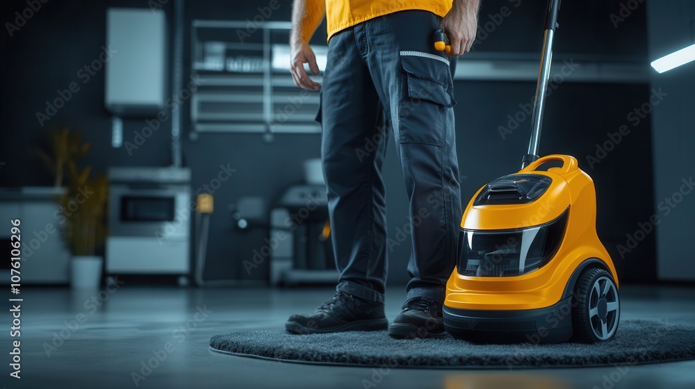 A Technician Using a Yellow Carpet Cleaner in a Modern Indoor Setting During a Cleaning Session, Showcasing the Efficiency of the Equipment in a Spacious Room A Technician Using a Yellow Carpet Cleaner in a Modern Indoor Setting During a Cleaning Session, Showcasing the Efficiency of the Equipment in a Spacious Room
