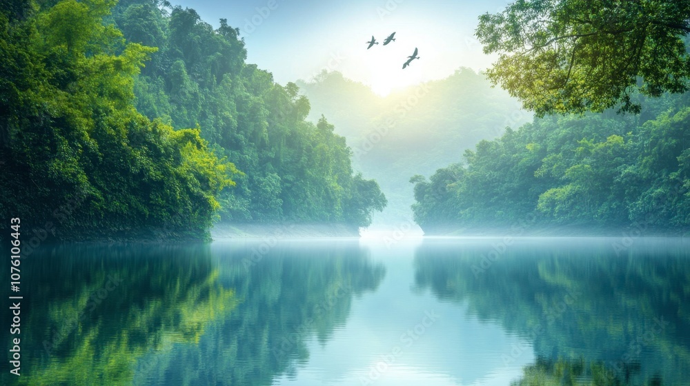 Serene River Landscape with Mist and Birds Serene River Landscape with Mist and Birds