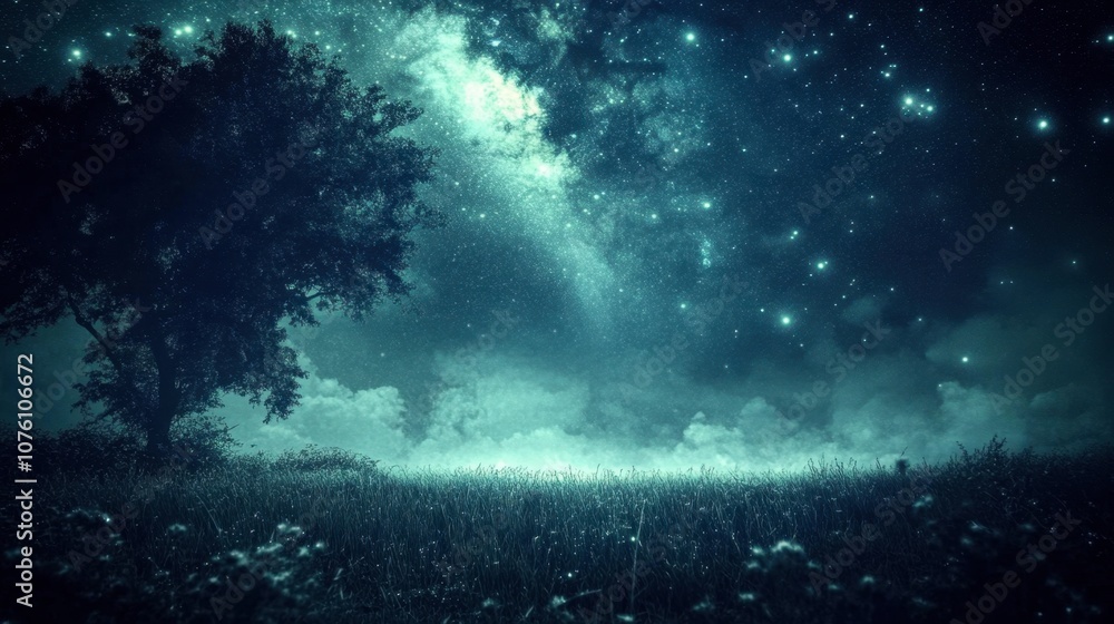 Fototapeta premium Night Sky with Stars and Galaxy over Meadow