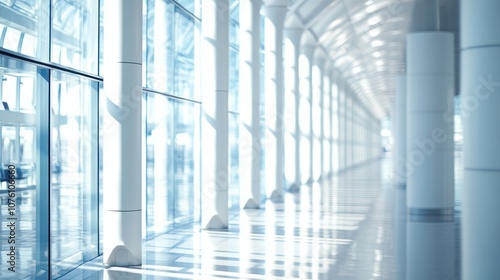 Modern Hallway with Glass Walls and White Pillars