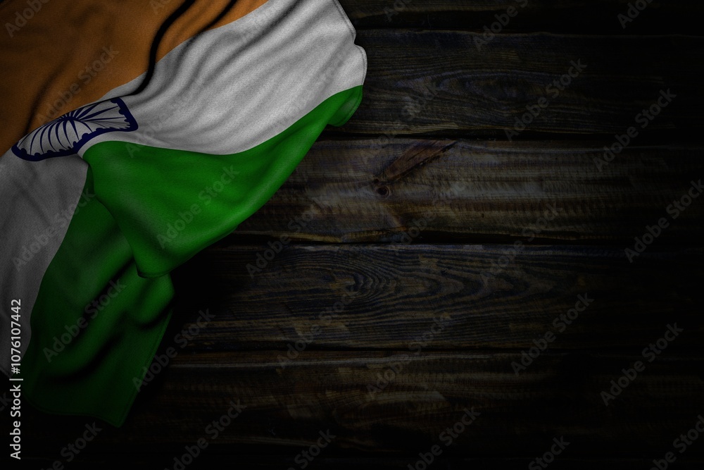 Φωτογραφία wonderful dark image of India flag with big folds on old wood with empty space for your content - any feast flag 3d illustration