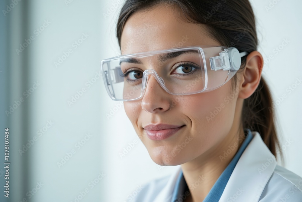 Professional Woman in Lab Coat and Safety Glasses, Perfect for Medical or Scientific Themes, Ideal for Healthcare or Research Promotions Professional Woman in Lab Coat and Safety Glasses, Perfect for Medical or Scientific Themes, Ideal for Healthcare or Research Promotions