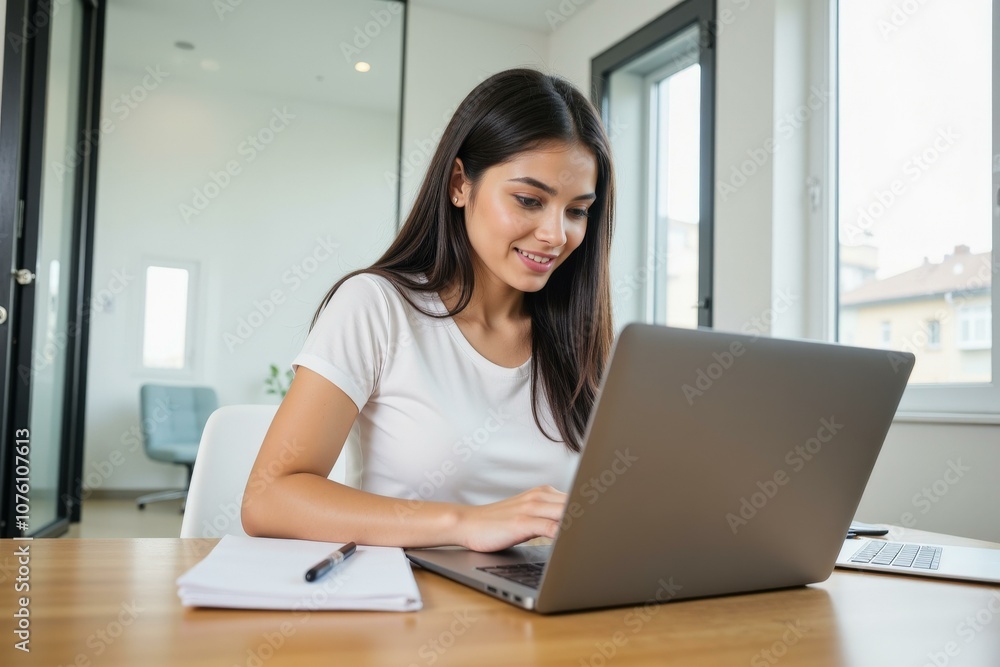 Young Woman Working on Laptop in Modern Office Space, Ideal for Business and Education Concepts, Focused and Productive Young Woman Working on Laptop in Modern Office Space, Ideal for Business and Education Concepts, Focused and Productive