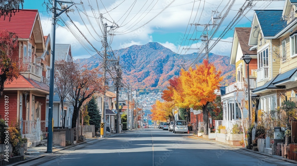 Autumn Street Scene with Colorful Trees and Mountains Autumn Street Scene with Colorful Trees and Mountains