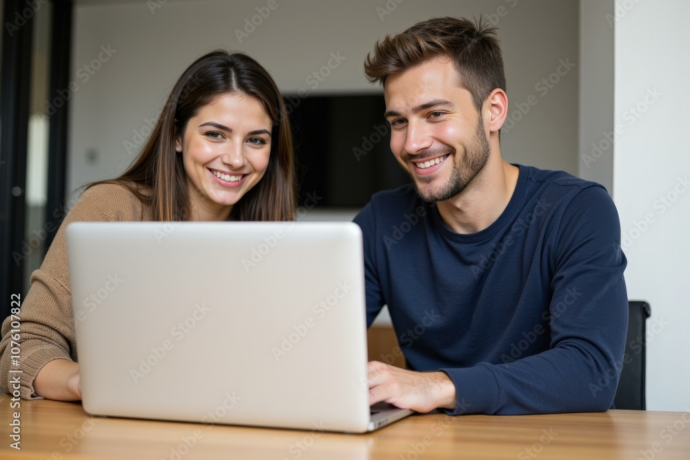 Happy Couple Using Laptop Together at Home Office - Perfect for Websites, Marketing, and Social Media Happy Couple Using Laptop Together at Home Office - Perfect for Websites, Marketing, and Social Media