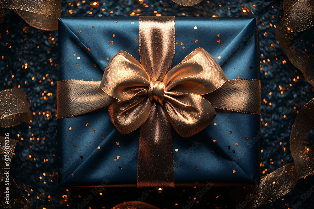 Φωτογραφία A luxurious blue gift box with a gold ribbon set against a dark textured backdrop, perfect for holiday celebrations, gift announcements, and special occasions