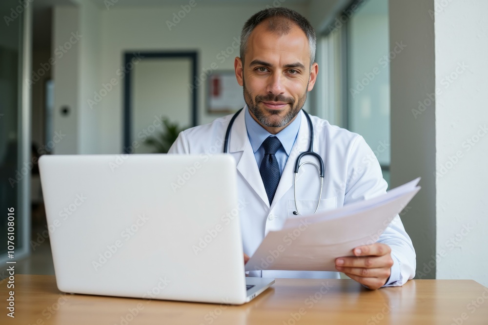 Professional Doctor Working on Laptop in Office Setting, Holding Medical Records, Wearing White Coat and Stethoscope, Focused and Dedicated Professional Doctor Working on Laptop in Office Setting, Holding Medical Records, Wearing White Coat and Stethoscope, Focused and Dedicated