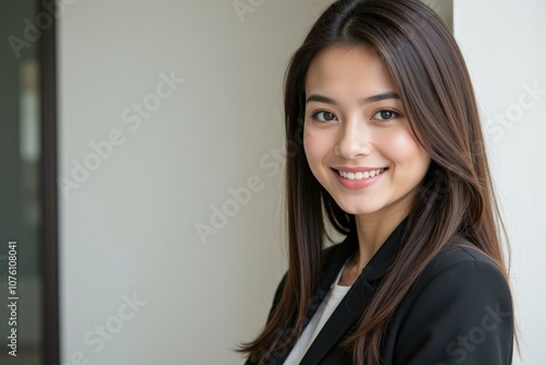 Professional Asian Woman Smiling Confidently in Office Setting, Perfect for Business and Corporate Marketing Materials photo