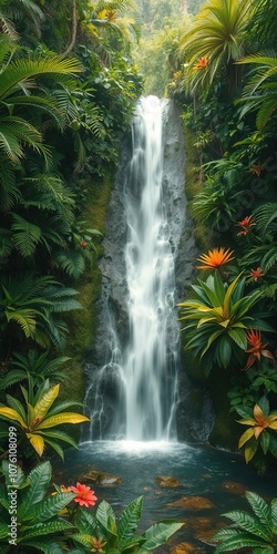 Lush jungle setting with a majestic cascading waterfall surrounded by vibrant greenery and exotic flora and fauna, waterfall, scene, paradise