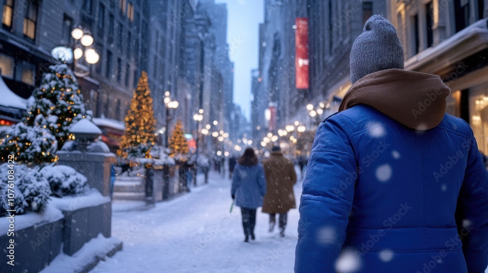 Obraz premium A snowy city street adorned with festive lights and bustling pedestrians, AI