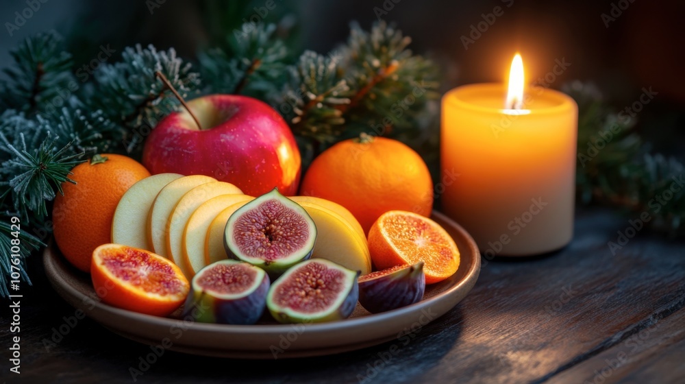 Fresh Fruits on a Rustic Table with Candlelight Fresh Fruits on a Rustic Table with Candlelight