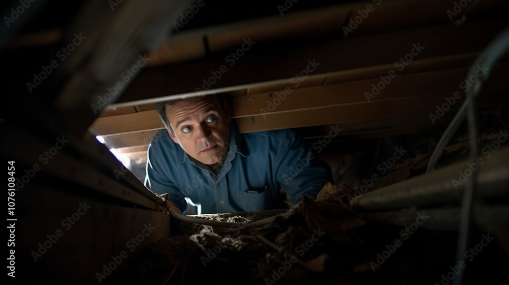 Man reading under a beam of light in a dark attic Man reading under a beam of light in a dark attic