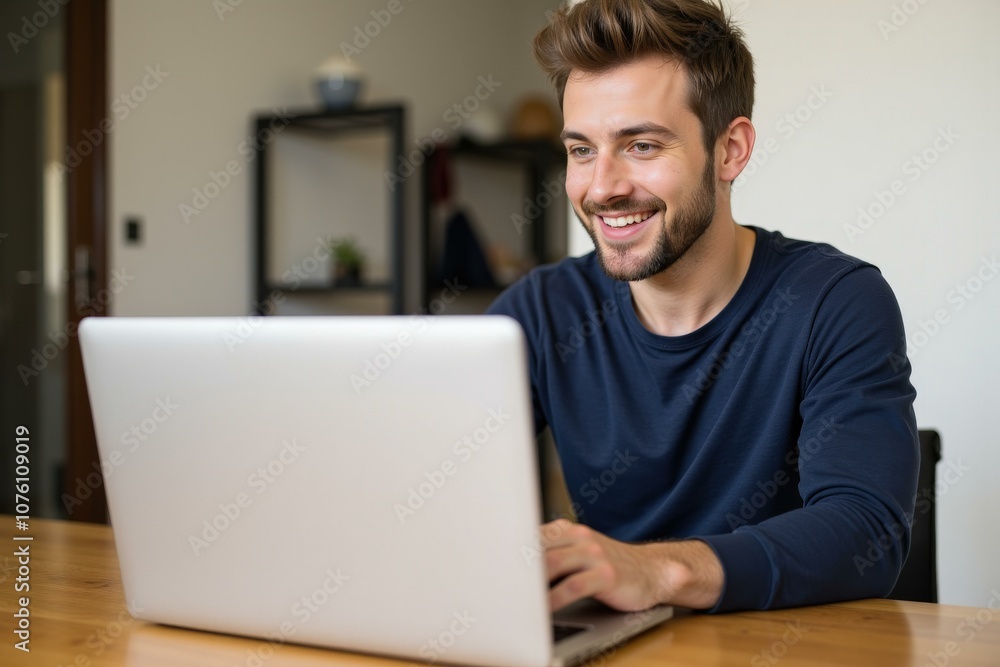 Man in Blue Sweater Working on Laptop at Home Office, Happy and Focused, Perfect for Business and Technology Websites Man in Blue Sweater Working on Laptop at Home Office, Happy and Focused, Perfect for Business and Technology Websites