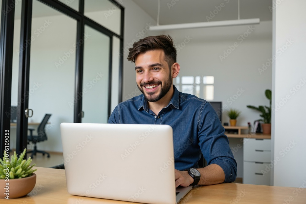 Happy Man Working on Laptop in Modern Office Space, Ideal for Business and Technology Websites Happy Man Working on Laptop in Modern Office Space, Ideal for Business and Technology Websites