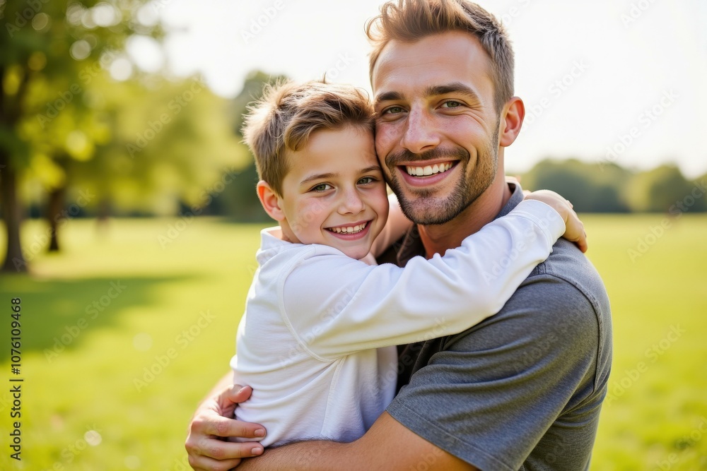 Naklejka premium Heartwarming Father and Son Bonding in a Beautiful Green Park, Perfect for Family and Parenting Themes
