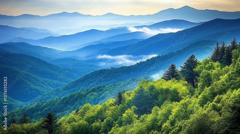 Fototapeta premium Serene Mountain Landscape with Lush Greenery and Mist