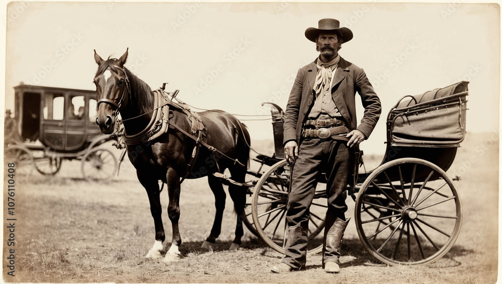 Portrait of a Wild West outlaw standing beside a horse-drawn carriage Portrait of a Wild West outlaw standing beside a horse-drawn carriage