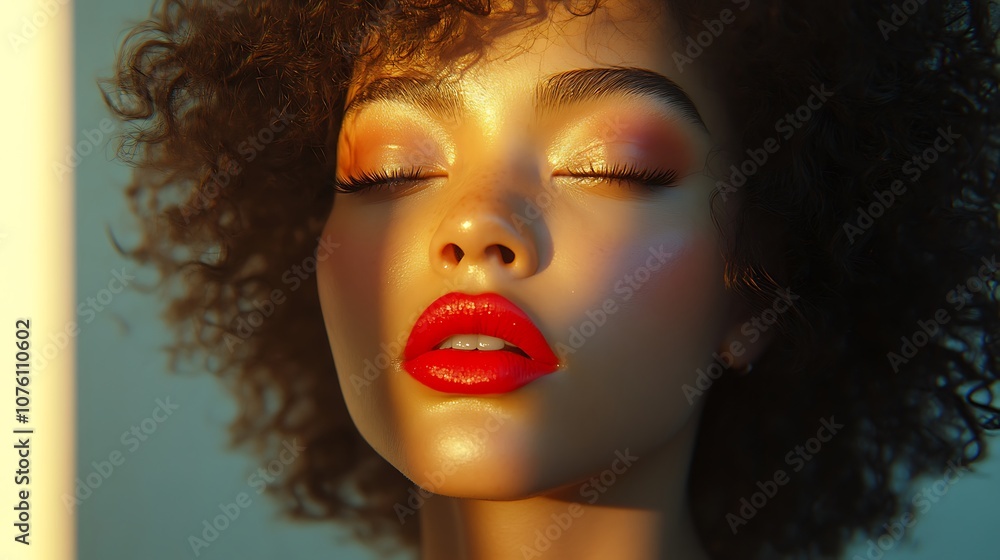 Obraz premium Girl applying a bright red lipstick, neutral backdrop, light hitting from the side for dramatic shadows, high-resolution detail, realistic makeup application, focused look, photorealistic photo,