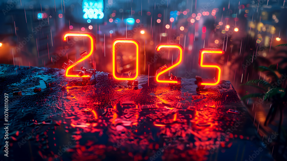 Glowing Neon Numbers Reflecting on Wet Surface Glowing Neon Numbers Reflecting on Wet Surface