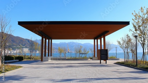 Modern Pavilion Overlooking Scenic Waterfront Area