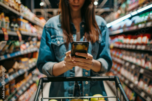 Unrecognizable woman uses her smartphone while holding a shoppin photo