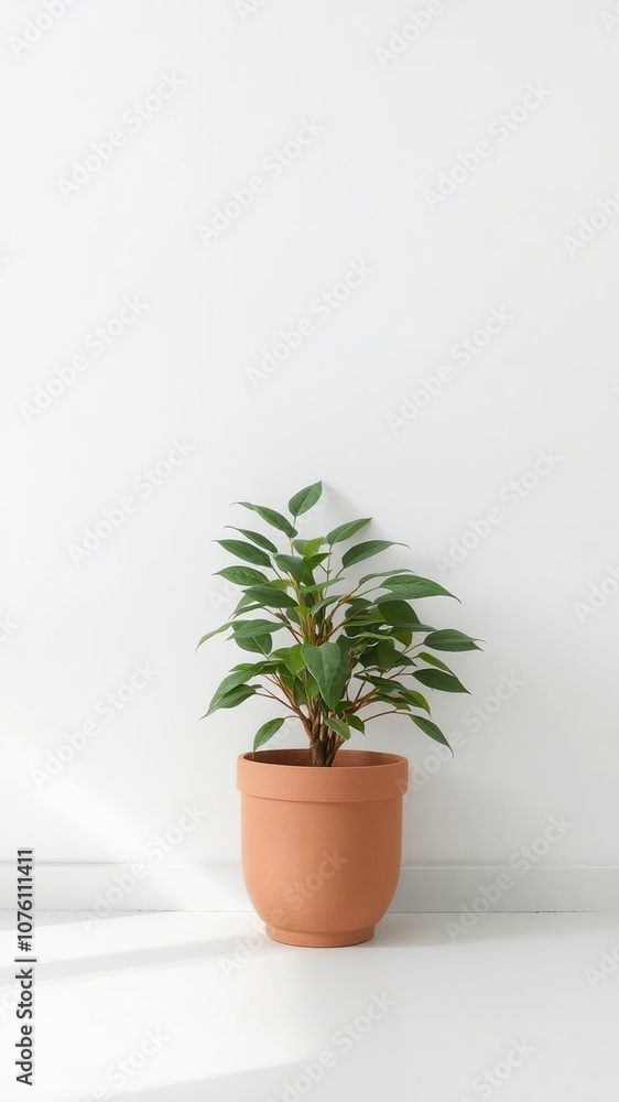 Minimalist white wall with a single potted plant in the background, indoor plant, home decor, space Minimalist white wall with a single potted plant in the background, indoor plant, home decor, space