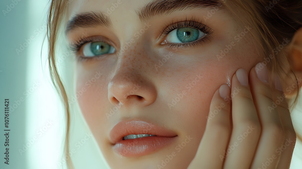 Portrait of a young woman applying primer with her fingertips, neutral backdrop, soft lighting creating a natural glow, hd resolution, photorealistic makeup application, clear detail, Portrait of a young woman applying primer with her fingertips, neutral backdrop, soft lighting creating a natural glow, hd resolution, photorealistic makeup application, clear detail,