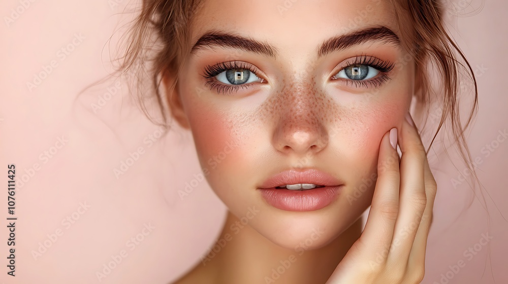 Portrait of a young woman applying primer with her fingertips, neutral backdrop, soft lighting creating a natural glow, hd resolution, photorealistic makeup application, clear detail, Portrait of a young woman applying primer with her fingertips, neutral backdrop, soft lighting creating a natural glow, hd resolution, photorealistic makeup application, clear detail,