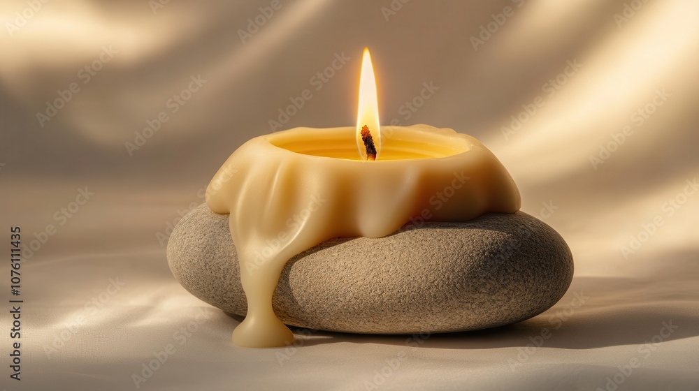 Dripping wax candle on gray stone with soft beige background