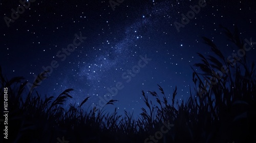 Starry Night Sky Over Dark Grassland