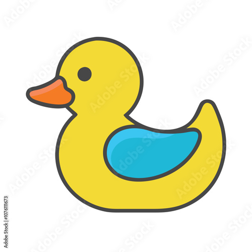 Yellow rubber duck toy illustration, Vector illustration of a classic yellow rubber duck with an orange beak and wing, symbolizing a bath toy and playful childhood item.
