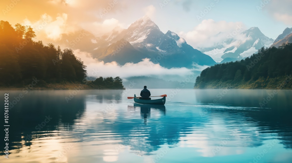A man in a boat in the middle of a lake A man in a boat in the middle of a lake