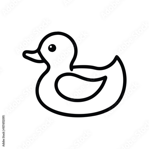 Rubber duck icon in black outline style, Vector illustration of a rubber duck toy shown in a simple black outline, representing a classic bath toy and playful design.
