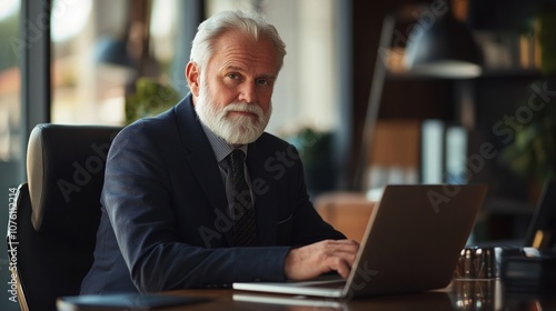 A Senior Businessman Working on a Laptop in a Modern Office During the Early Afternoon, Showcasing Professionalism and Focus While Sitting at a Stylish Desk