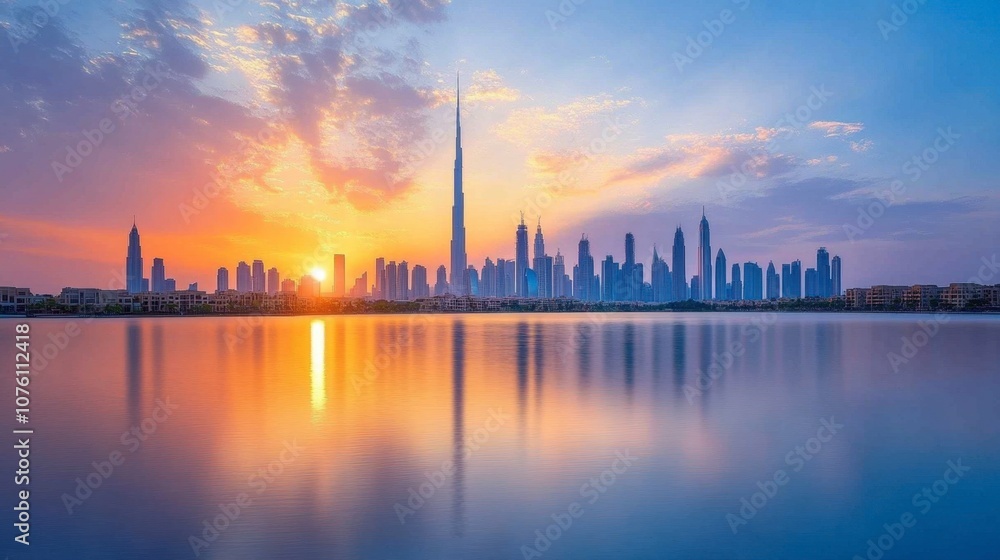 Stunning Sunset Over Dubai Skyline Reflection Stunning Sunset Over Dubai Skyline Reflection